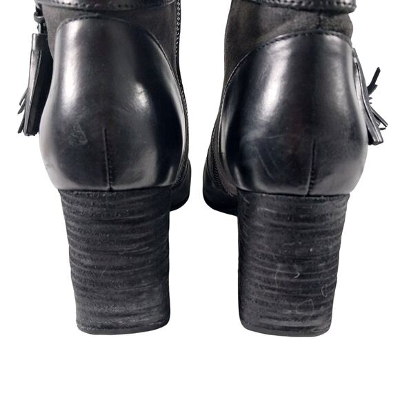 BORN! BLACK GENUINE LEATHER & GRAY SUEDE ANKLE HARNESS CHUNKY HEEL BOOTS! SZ 9M - Picture 9 of 11